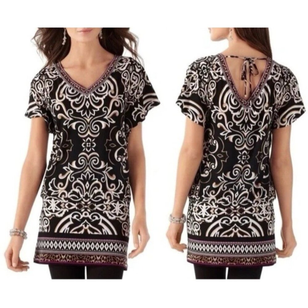 WHBM Dress Top Black Blue White L Large Short Dolman Sleeve Stretch V Washable